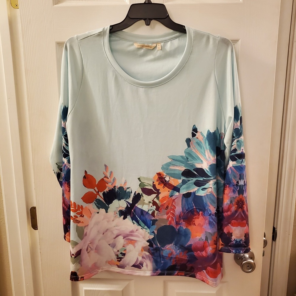 Soft Surroundings 1X Knit Tunic floral pale blue Chic Artsy Lagenlook Vibrant